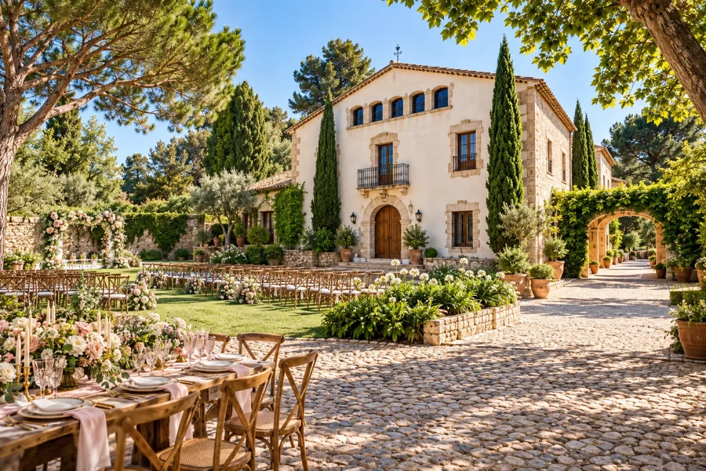 Exterior de una masía preparada para bodas y eventos