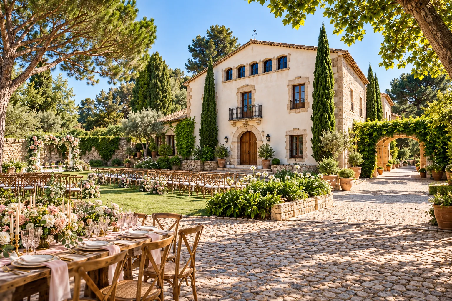 Exterior de una masía preparada para bodas y eventos